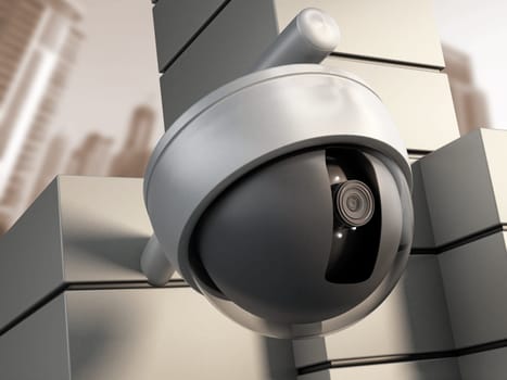 Dome camera hanging on the wall of office building.