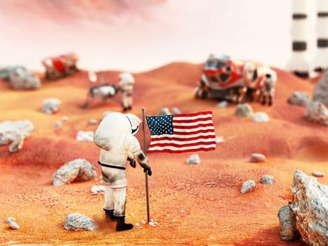 Fictitious scene including vehicles and astronauts depicts manned Mars mission