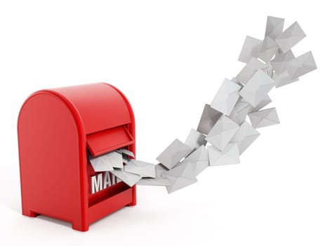 Enveloppes flying from red mailbox isolated on white background