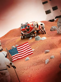 Fictitious scene including vehicles and astronauts depicts manned Mars mission