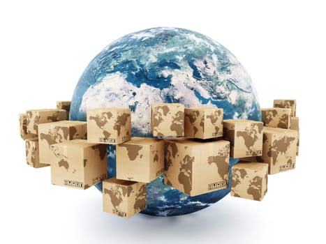 Cardboard boxes with earth map parts turning around the earth