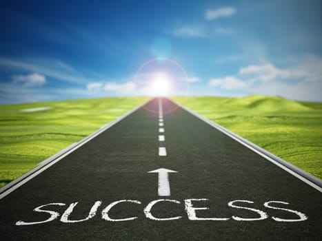 Asphalt road with arrow and success text against blue sky.
