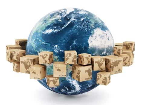 Cardboard boxes with earth map parts turning around the earth