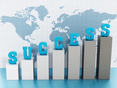 Success word on rising graph on world map background.