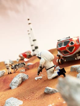 Fictitious scene including vehicles and astronauts depicts manned Mars mission