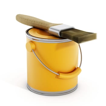 Yellow paint can and brush isolated on white background