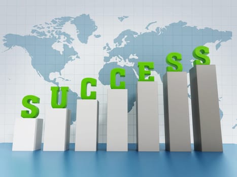 Success word on rising graph on world map background.