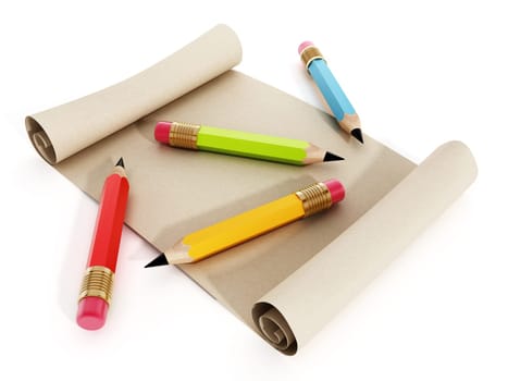 Multi colored pencils standing on rolled paper isolated on white background