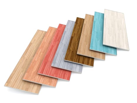 Multi colored parquet flooring boards with various textures isolated on white background