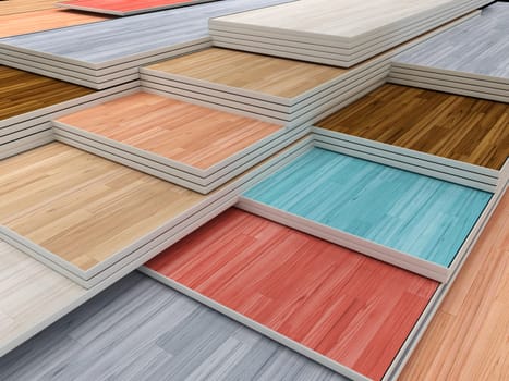 Multi colored parquet flooring boards with various textures stack