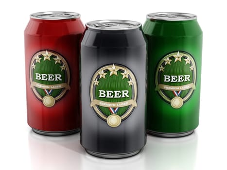 Black, red and green beer cans isolated on white background