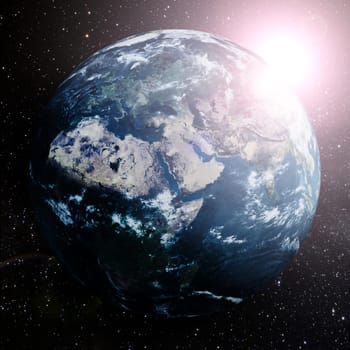 Earth in space showing Europe,Asia and Africa.