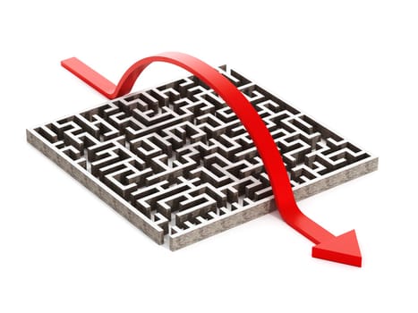 Red arrow crossing over the labyrinth isolated on white background