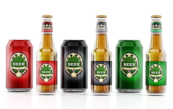 Beer bottles with three different labels isolated on white background