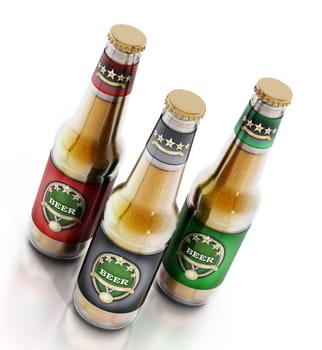 Beer bottles with three different labels isolated on white background