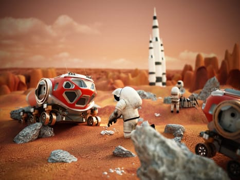 Fictitious scene including vehicles and astronauts depicts manned Mars mission