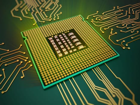 CPU standing on circuit board emits green light rays