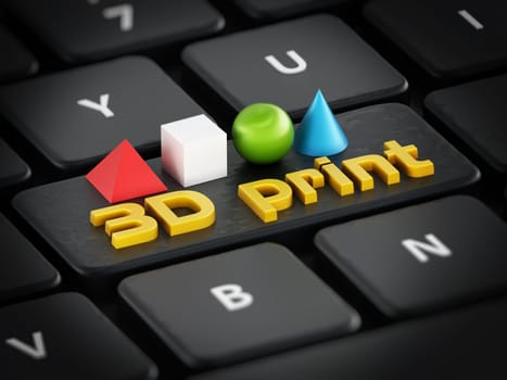 3D print text, cube, sphere, cone and pyramide standing on black keyboard.