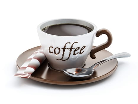 Coffee cup with coffee text made of coffee beans isolated on white background. 3D illustration