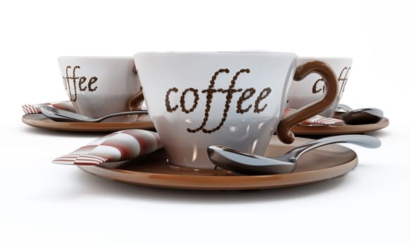 Coffee cup with coffee text made of coffee beans isolated on white background. 3D illustration