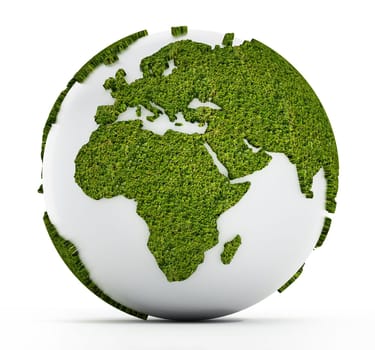 White globe with continents covered with grass isolated on white background.