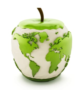 Earth map on half eaten green apple isolated on white background