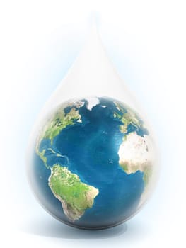 Earth inside the water drop isolated on white background