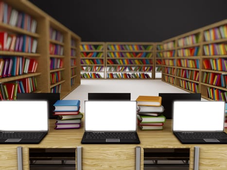 Laptop computers with blank screens standing on table inside a library.