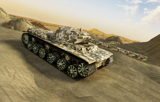 Tank in camouflage moving at the desert among the sands
