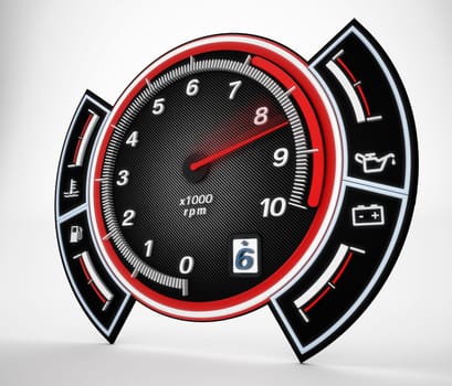 Engine RPM gauge with needle pointing high revs. 3D illustration.