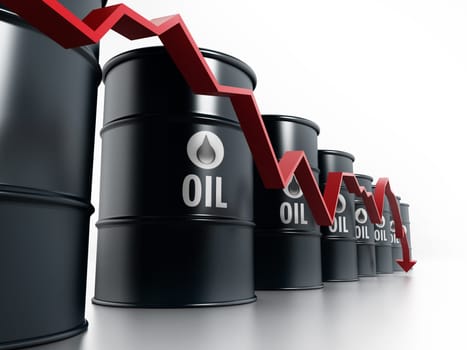 Black oil barrels with red arrow illustrating oil prices falling down