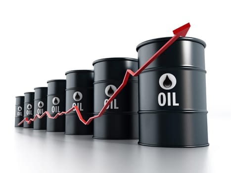 Black oil barrels with red arrow illustrating rising oil prices