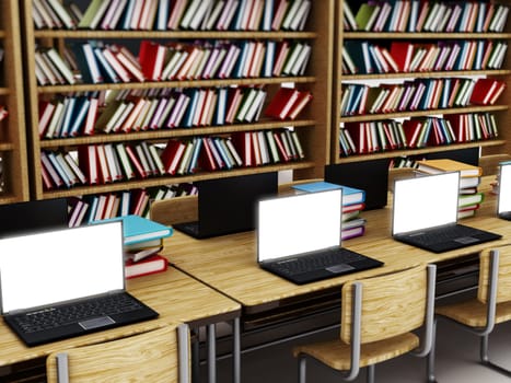 Laptop computers with blank screens standing on table inside a library.