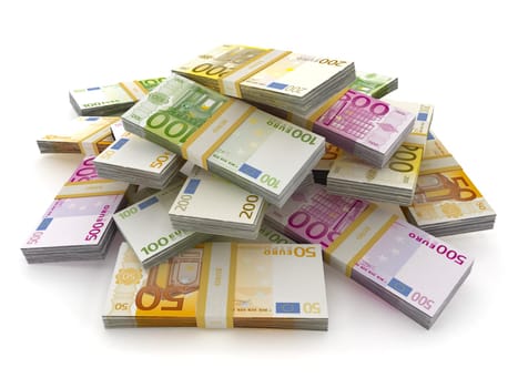Euro money lots forming a pile isolated on white background