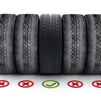 New car tire with green check mark standing out among old tires.