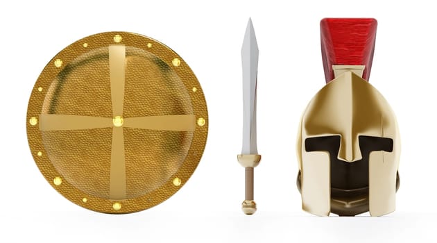 Ancient Greek helmet, shield and sword isolated on white background.