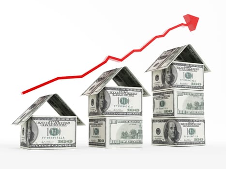 Rising red arrow above dollar shaped houses.