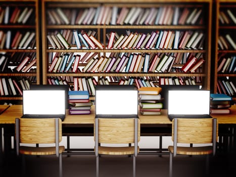 Laptop computers with blank screens standing on table inside a library.