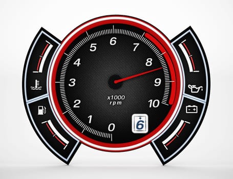 Engine RPM gauge with needle pointing high revs. 3D illustration.
