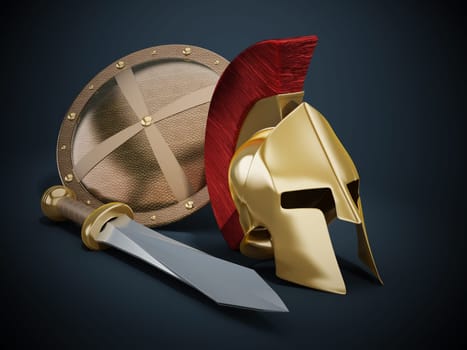 Ancient Greek helmet, shield and sword on black background