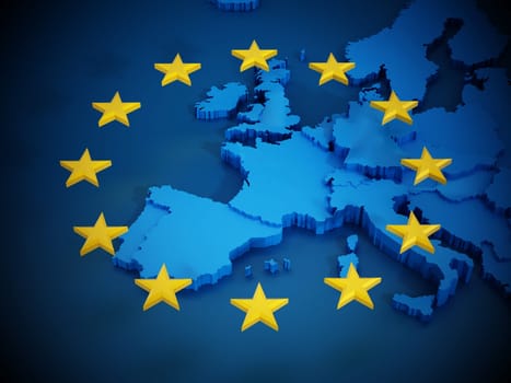 European Union map and aligned stars in circle shape forming a flag.