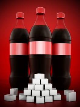 Cola bottles with lots of sugar cubes on red background