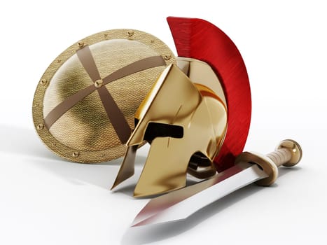 Ancient Greek helmet, shield and sword isolated on white background.