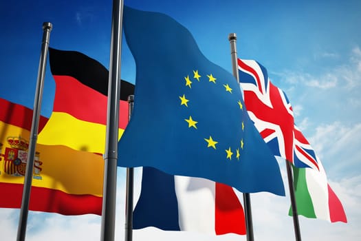 Waving European Union countries flags on blue sky background