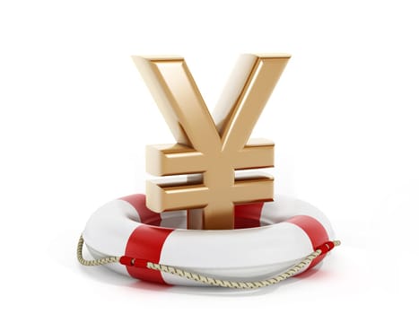 Gold yen symbol inside life buoy isolated on white background.