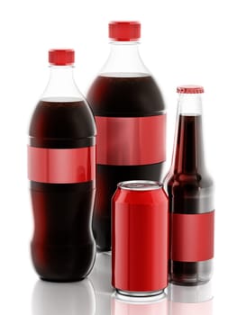 Soda bottles and can with red label isolated on white background.