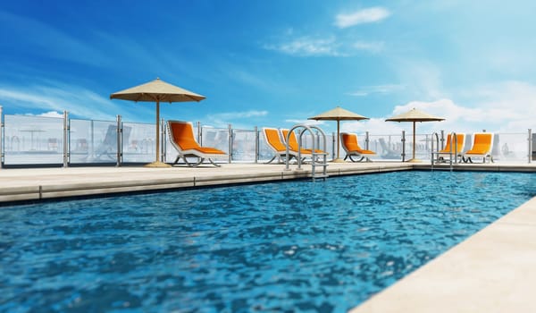 Swimming pool built on the rooftop of a building.