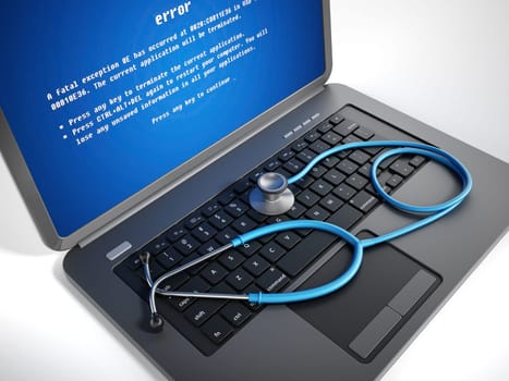 Stethoscope on laptop computer with a blue screen error on the display.