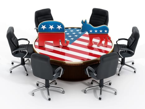 USA Political party symbols standing on American flag covered table.