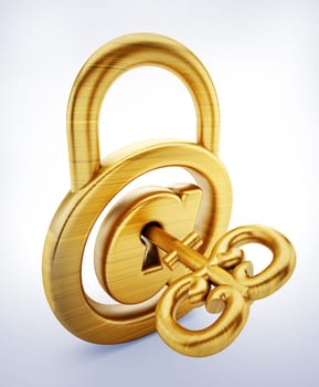 Padlock with internet symbol and key. 3D illustration.